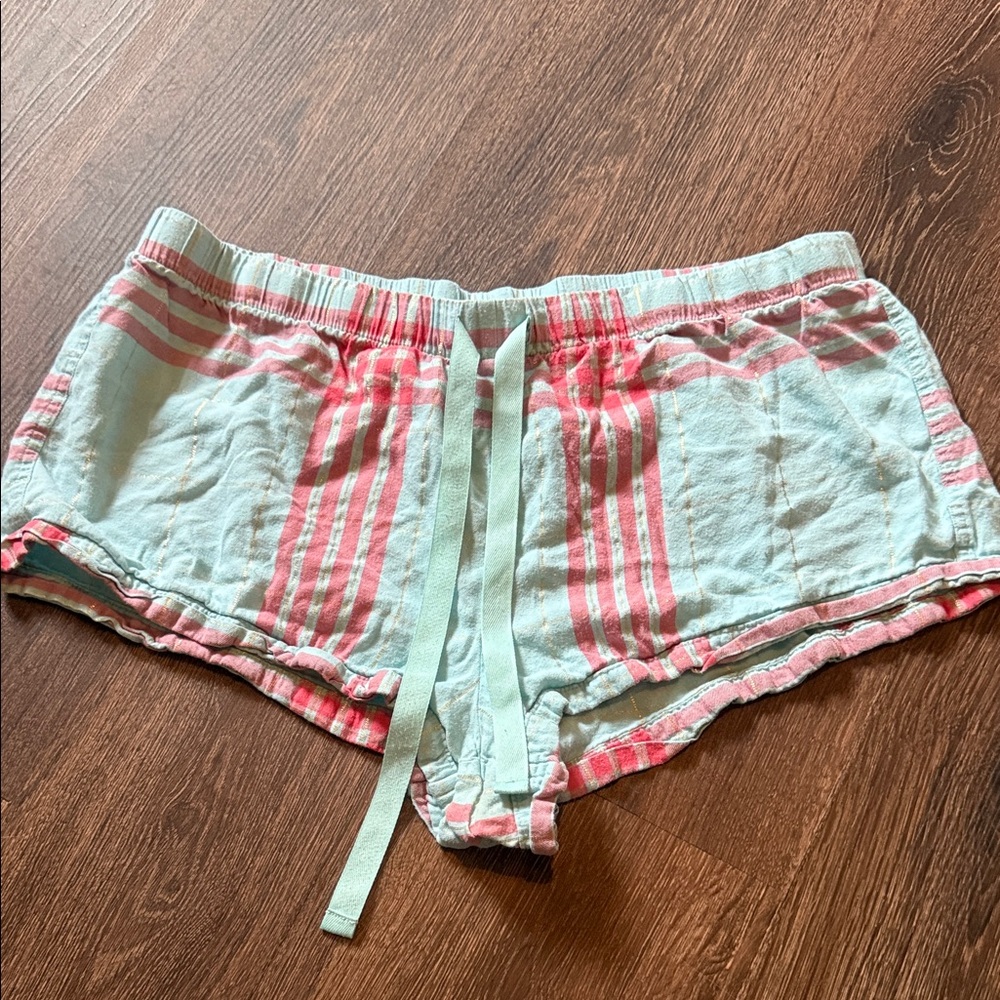 Victoria's Secret Light Blue Sleep Shorts with Pink and Gold Pattern